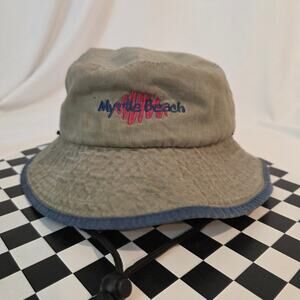 Vintage 90s Myrtle Beach Club Khaki Blue Trim Cotton Bucket Hat Sun Cap